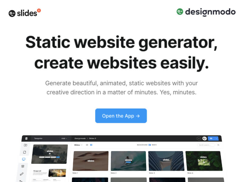 DesignModo Slides 6 - Static website generator, create websites easily. Generate beautiful, animated, static websites with your creative direction in a matter of minutes.
