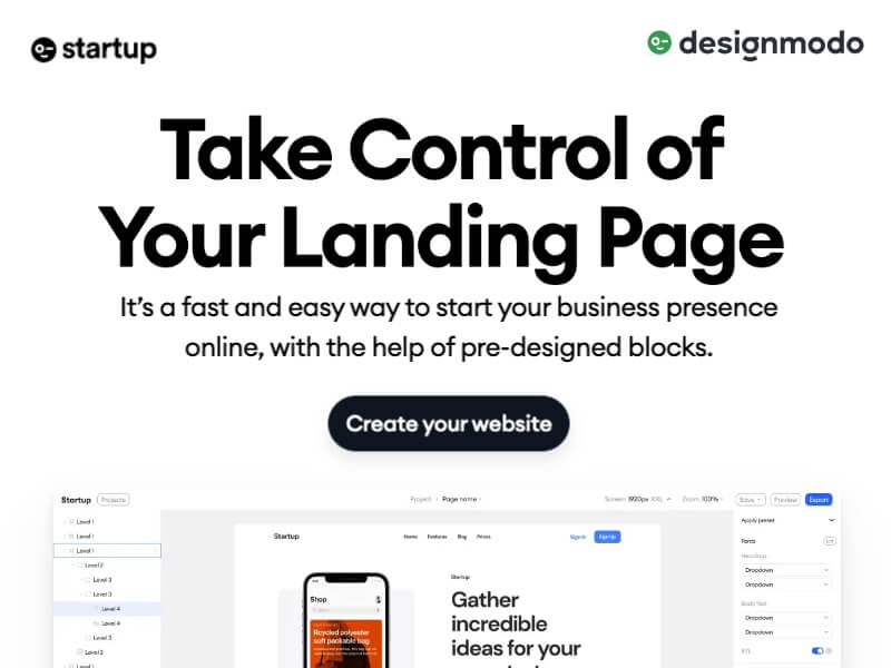 DesignModo Startup - a fast and easy way to start your business presence online, with the help of pre-designed blocks.